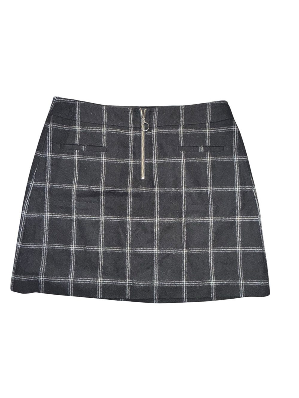 Madewell Black Windowpane Wool Mini Skirt Size 10 Front Zip Ring Pull Lined